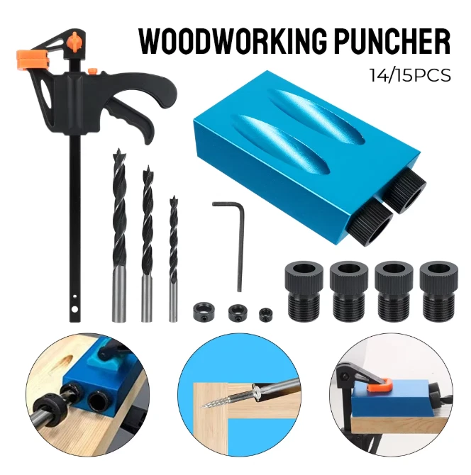 15PCS Pocket Hole Jig Kit Woodworking Guide Oblique Drill Angle Hole Locator UK
