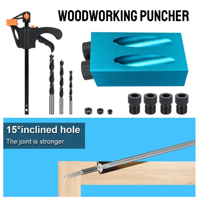 15PCS Pocket Hole Jig Kit Woodworking Guide Oblique Drill Angle Hole Locator UK